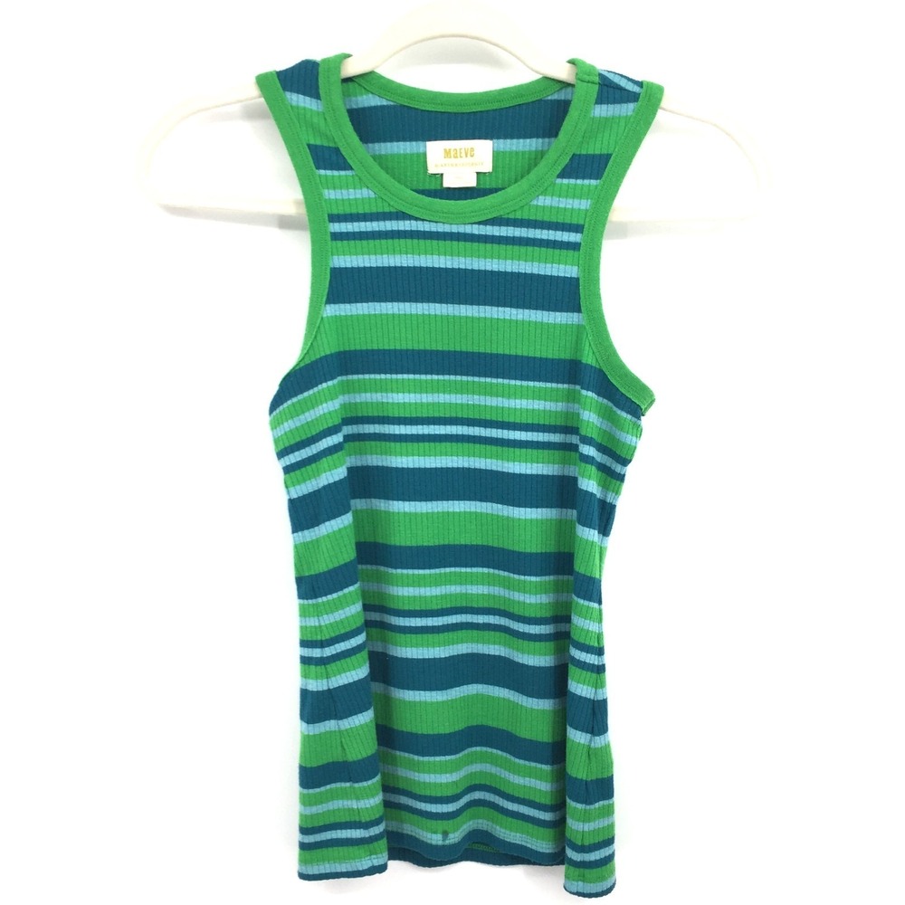 Maeve Anthropologie Blue & Green Striped Long ribbed Tank Top kidcore fun XS
